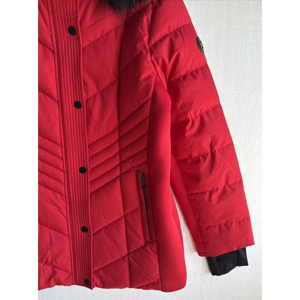 Michael Kors Womens L Red Hooded Puffer Jacket Faux Fur Trim Knit Side Panels